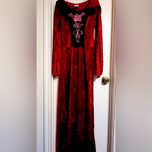 Vintage- Spirit Red and Black Long Sleeve, hooded velvet dress:costume -M:L - Picture 3 of 7